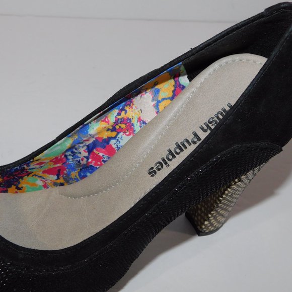 Hush Puppies Black sparkle Block platform Gold Scale Heels Shoe Womens 6.5 - Picture 8 of 10